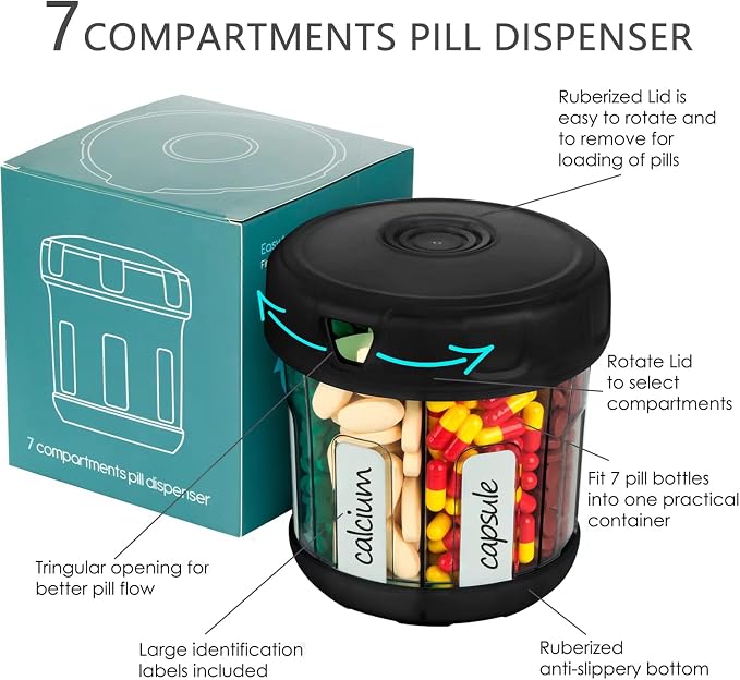 Yaklim Extra Large Supplement Organizer with XL 7 Large Compartments | TPU Soft Lid, Easy to Load and to Use, 1 Month Jumbo Vitamin Holder, Medicine Organizer Storage