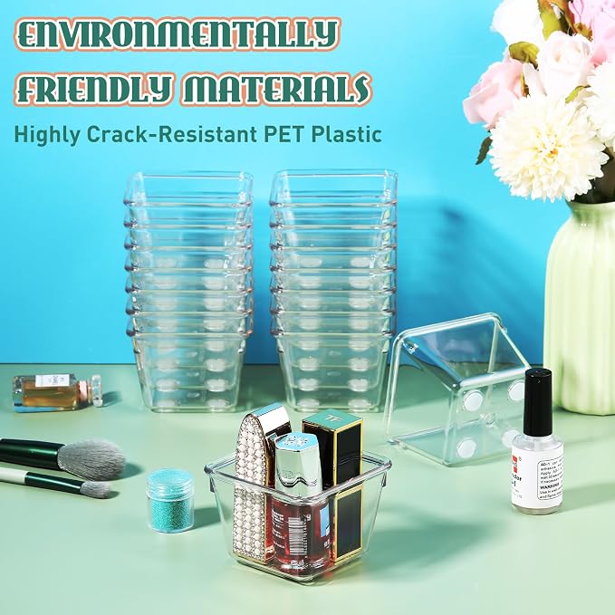 Tioncy 16 Pcs Stackable Clear Drawer Organizer 3" x 3" x 2" Storage Bins | For Makeup Vanity Bathroom Kitchen, Small Containers Office Desk Cosmetics, Transparent Organizers Declutter Drawers Easily