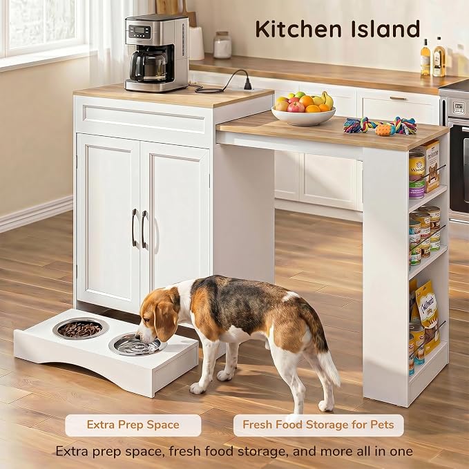 Furnaza 49.2" Dog Food Storage Cabinet with Power Outlets and Hidden Bowls | Wood Kitchen Island with 3-Tier Shelf ,Pull-Out Countertop,Pet Feeding Station for Small Space, Kitchen, Living Room,White
