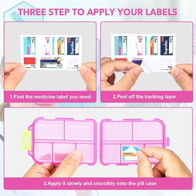 Large Travel Pill Box with 189 Medicine Labels, 10 Compartments Travel Medicine Organizer Medicine Pill Organizer Travel Essentials Pill Organizer with Stickers (Pink, 1 Pack)