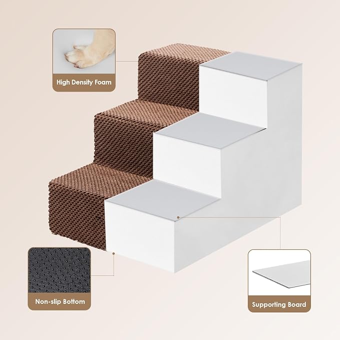 EHEYCIGA Dog Stairs for Small Dogs 13.5" H, 3-Step Extra Wide Dog Steps for Couch Sofa and Chair, Pet Steps for Medium Cats, Non-Slip Balanced Pet Ramp Indoor, Brown