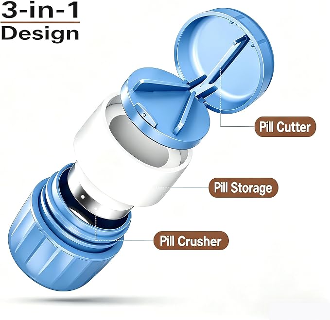 AMAFI 3-in-1 Pill Crusher and Pill Cutter Pills Crusher Fine Powder with Stainless Steel Grinding Head Pil Grinder with Storage for Tablets Cutter Splitter for Small and Tiny Pills Blue