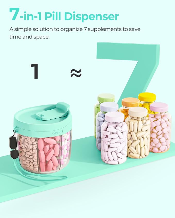 AMOOS Cute Pill Dispenser with Anti-Mix Design, 7-Slot, BPA-Free, Patented | Portable Travel Pill Organizer, Wide Mouth for Easy Access, Pill Bottle Organizer for Vitamins, Fish Oils, Supplements, Green
