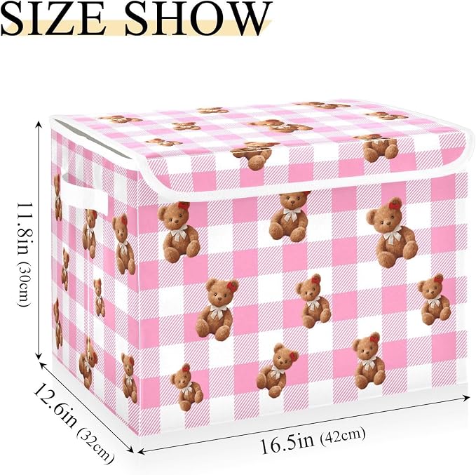 Pink Bear Fabric Storage Bins with Lid Closet Bedroom 40L Fabric Bin | Decorative Storage Boxes, 300D Oxford Cloth, Hollow Board Frame, Flip Top Velcro Lid, 16.5x12.6x11.8 inch, Collapsible Design