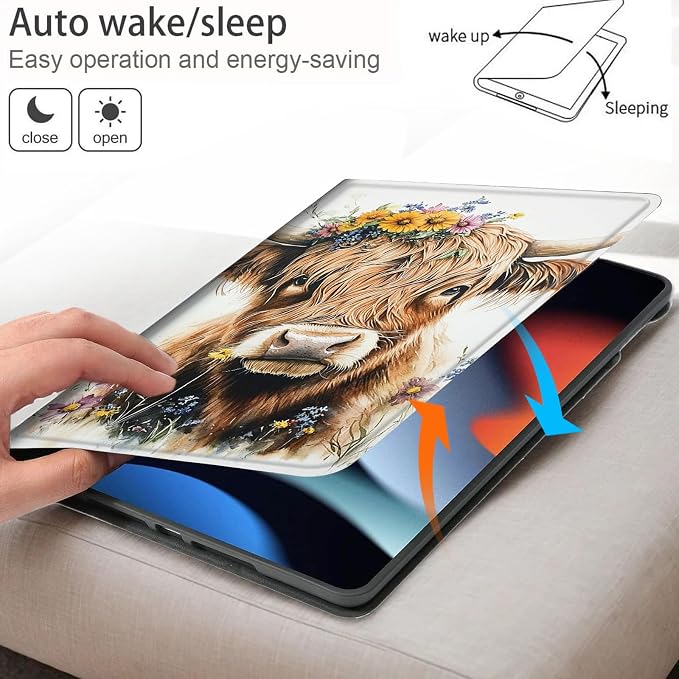 Bxgolkgd Tablet Case for Samsung Galaxy Tab A 10.1 Inch 2019(SM-T510/T515/T517),Shockproof Stand Cover with Heat Dissipation,Auto Wake/Sleep Function,Highland Cow Flower