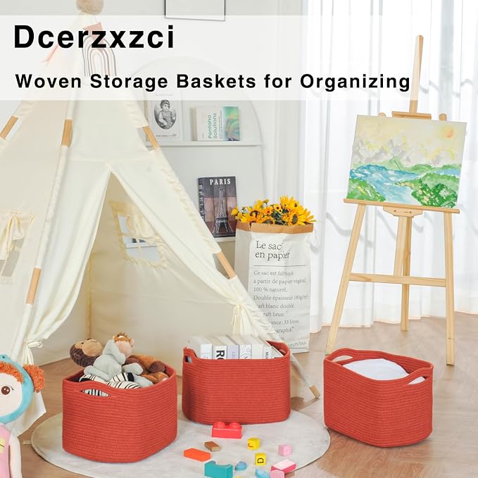 Storage Baskets for Organizing Shelves, Woven Cotton Rope Basket for Storage, Dog Toy Baskets Storage Kids, Cute Shelf Basket for Living Room Bedroom, 14.8"×11"×9.5", Pack of 3, Brick Red