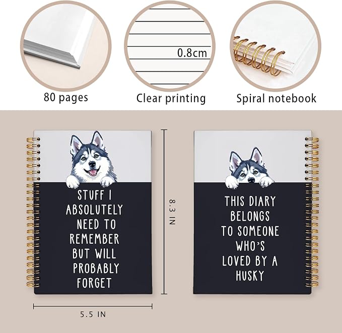 LIANGW Funny Husky Notebook Journal Gifts for Women & Men | Gifts for Husky Lovers Notebooks, Funny Gifts for Coworkers, Hardcover Spiral Notebook 5.5x8.3 Inch