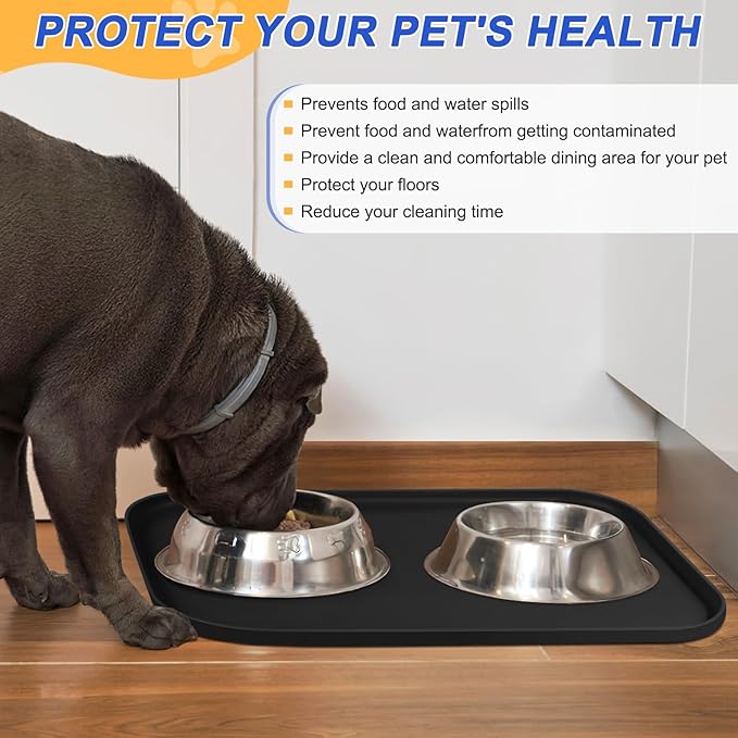 SMILOOL Silicone Pet Feeding Mat with Raised Edge for Food and Water, Dog Bowl Mats, Cat Bowls Placemat with High Lip for Floor Waterproof, Rubber Tray for Cats and Dogs 24 x 16 x0.8 Black