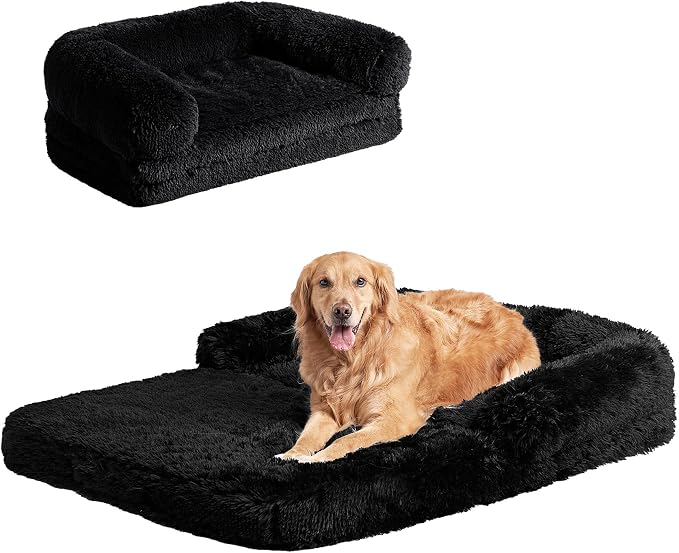 EHEYCIGA Foldable XXL Dog Bed for Large Sized Dog - 54x38x7.5, Black | Faux Fur Fluffy Pet Couch Bed, Orthopedic Calming Memory Foam Big Pet Bed, Washable Pet Sofa Bed with Non-Slip Bottom