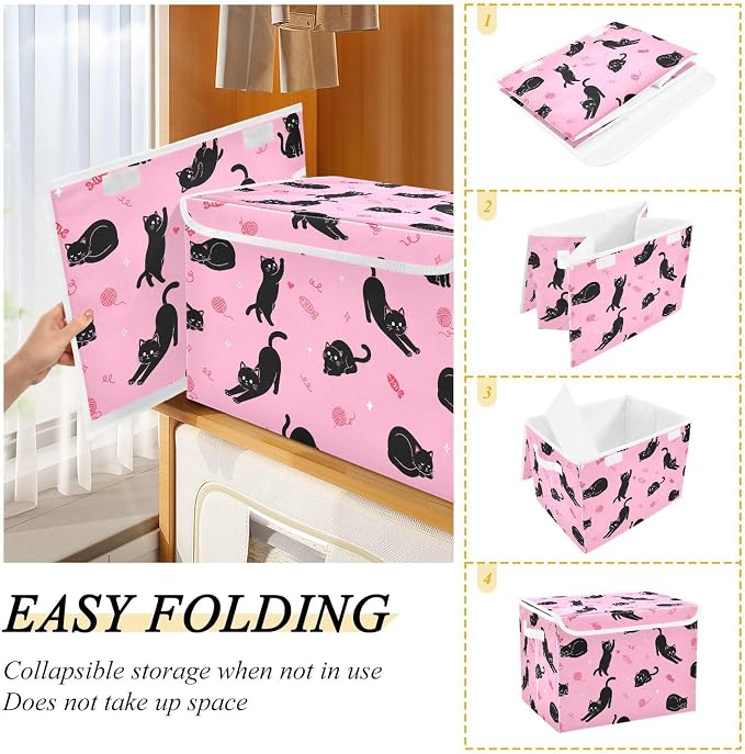 Cute Black Cat Storage Bin Foldable Collapsible Fabric with Lid Handles 40L | Decorative Storage Boxes, 300D Oxford Cloth, Hollow Board Frame, Flip Top Velcro Lid, 16.5x12.6x11.8 inch, Collapsible Design