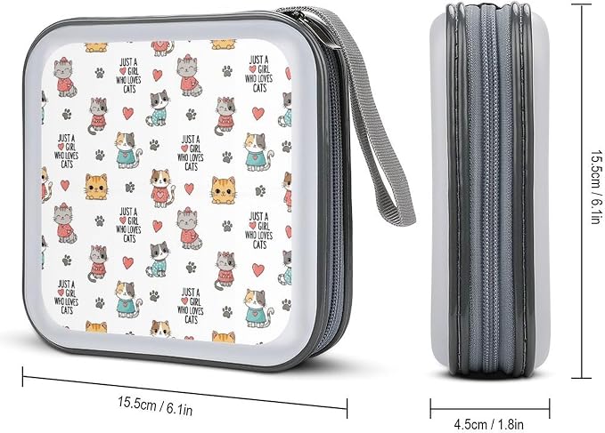 40 Capacity CD Case Holder Cat Disc Wallet Organizer Binder | Portable Zipper DVD Storage with Strap for Car Office Home Travel, Hard Plastic, Just A Girl Who Loves Cat