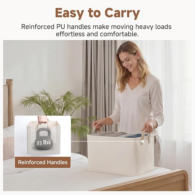 StorageWorks Fabric Storage Bins, Storage Basket for Shelves, Beige, 2-Pack | With PU Handles, Wrinkle-Resistant Cottlyn Fabric, Foldable, For Bedroom, Bathroom, Laundry, Holds Clothes, Towels, Blankets