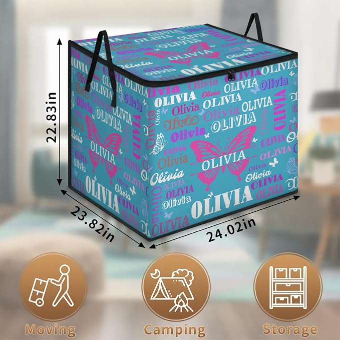 Personalized Extra Large Storage Bins with Lid, Customized Name Lake Blue Background with Butterfly Storage Basket Rectangle Clothes Organizer for Organizing Kids and Pets Toys Shelf Closet