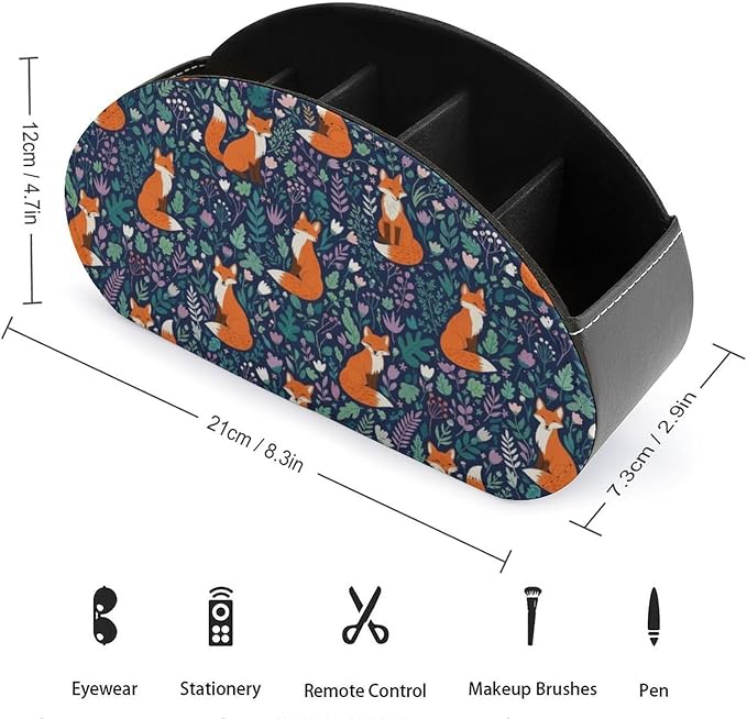 TV Remote Control Holder Organizer for Desk Fox 5 Compartment | Remote Caddy Box, Fox, Pu Leather, Fit Media Player, Maleup Brush, Office Supplies Accessory
