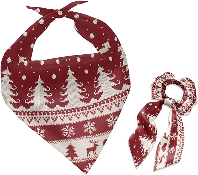 COEQINE Christmas Dog Bandanas Cotton Dogs Accessories with Hair Tie Organizer Travel Cute Xmas Tree Red Western Deer Pattern Dog Bandanas Bulk for Holiday Pet and Owner Matching Outfits