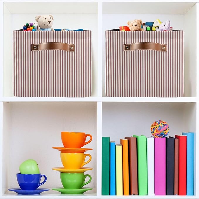 Brick Red White Stripes Storage Basket with Handles Collapsible Canvas Storage Bin Toy Decorative Basket Closet Organizer for Nursery Bedroom Home