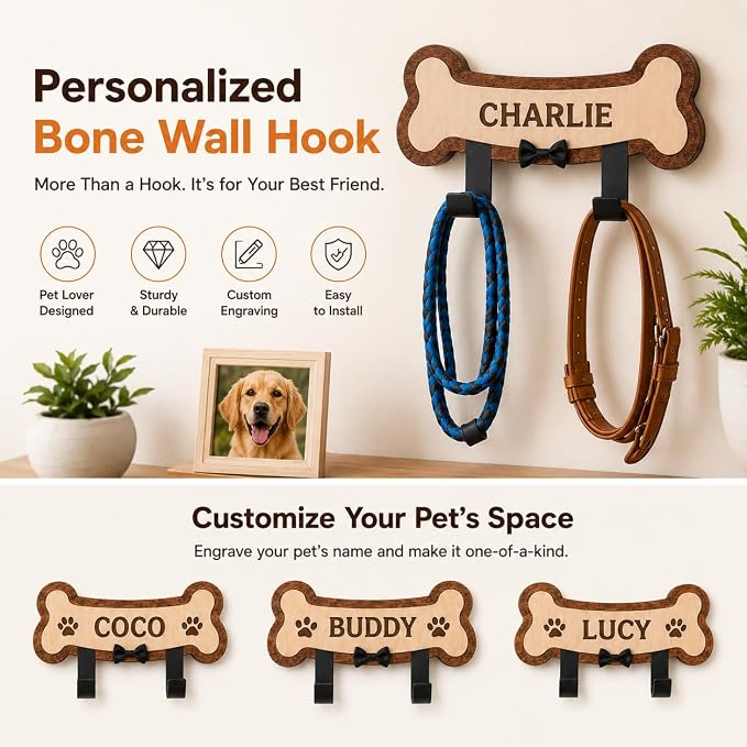 Personalized Dog Leash Holder for Wall, Custom Pet Name Bone Wall Hook with Double Metal Hooks, Wooden Dog Leash Organizer for Collar, Harness & Keys, Pet Lover Gift for Dog Owners