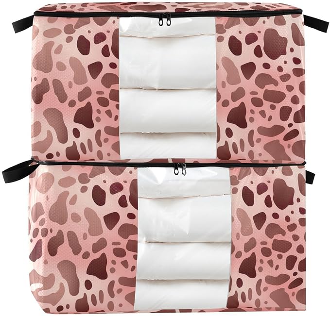 Generic Pink Black Cow Print Clothes Storage Bag Bins 2 Pack Foldable Storage Containers Large Closet Organizer with Zipper Under Bed Storage for Comforters Clothing Pillows 95L