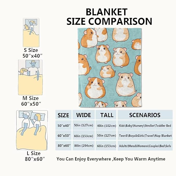 Cartoon Hamster Blanket,60x80in,Cute Animal Aqua Blue Throw Blankets,Birthday Gifts for Kids Adult & Pet Lovers, Lightweight Soft Fleece,for Sofa Couch Bed Room Modern Decor