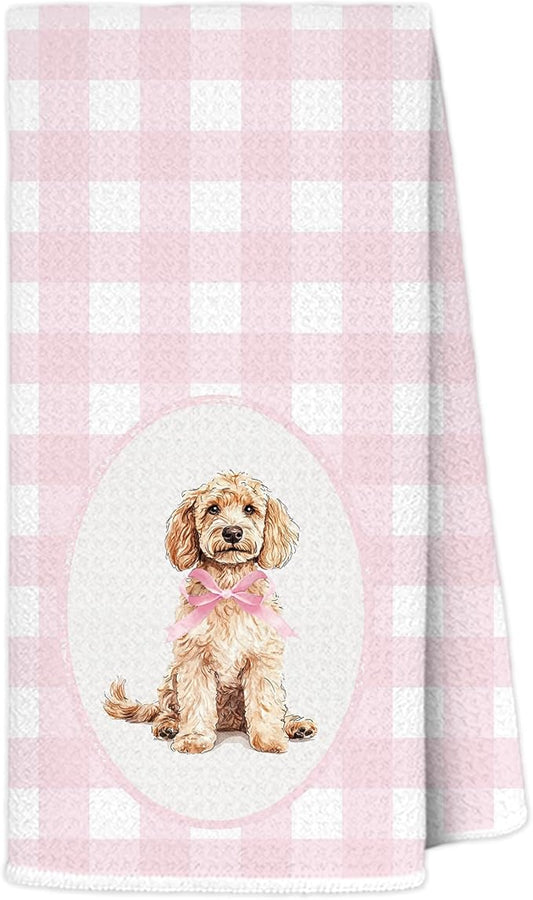 Pink Plaid Cockapoo Kitchen Towels 16x24 Inch, Cockapoo Lovers Gifts Decorative Hand Towels for Bathroom, Pink Checkered Dog Dish Tea Towel Drying Cloth