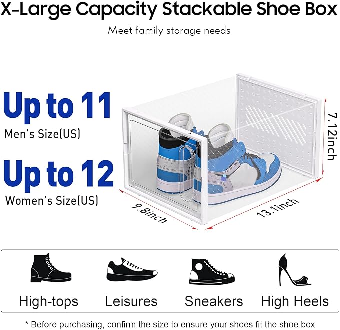Large Shoe Organizer Storage Box with Magnetic Door,12 Pack Clear Plastic Stackable Sneaker Containers for Closet, Connect Left and Right Shoe Box for Entryway, Drop Front, Under Bed (White)