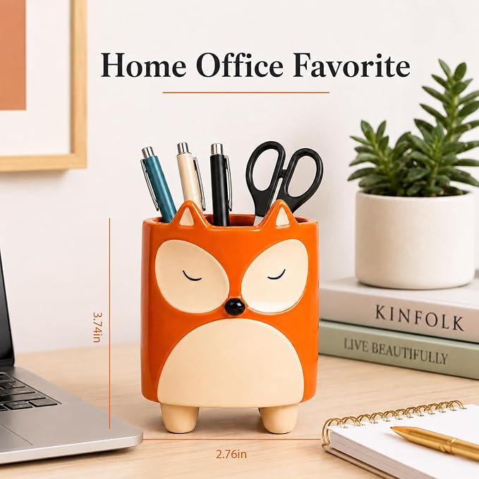 Ceramic Fox Shaped Pen Pencil Holder for Desk Decoration Accessories Fox Decor Makeup Brush Pen Cups Office School Ideal Gifts for Women, Mom or Birthdays