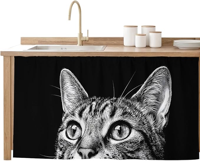 Cute Cat Cabinet Curtain 28"Wx51"L, Dustproof Storage Cabinet Curtain with Self Adhesive Tape, Vintage Funny Pet Cat Portrait Black Tall Pantry Cover Drape for Kitchen, Laundry Room, Utility Closet