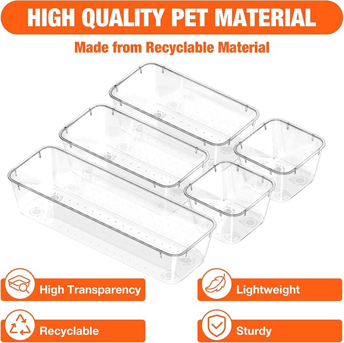 ValueMax 9PCS Clear Drawer Organizer Set with Non-Slip Pads, 3 Sizes | Clear PET Drawer Organizers, Non-Slip Pads, Stackable Design, 3 Sizes for Neat Customizable Storage