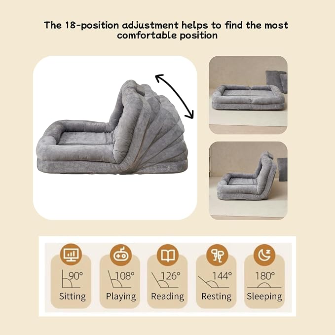 Convertible Fold-Out Lazy Sofa Bed - Adjustable Human Dog Bed for Adults, Plush Upholstered Adjustable Sofa Couch with 18-Position Backrest, 2-Person Floor Sofa Bed, Space Saving Design (Double)