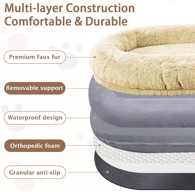 ROOMTEC Human Dog Bed, 71''x45''x12'' Size Fits Adult and Pet Washable Giant People Bed 10 CM Thick Memory Foam Large Oversize Pet Bed with Plump Pillow, Blanket, Strap - Beige