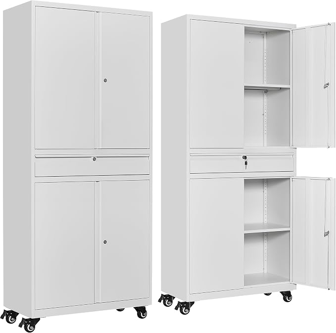 White Metal Storage Cabinet with Wheels and Drawer,Rolling Garage Cabinet with Locking Doors and Adjustable Shelves,73" Mobile Tall Large Metal Cabinets for Home,Office,Garage,Shop
