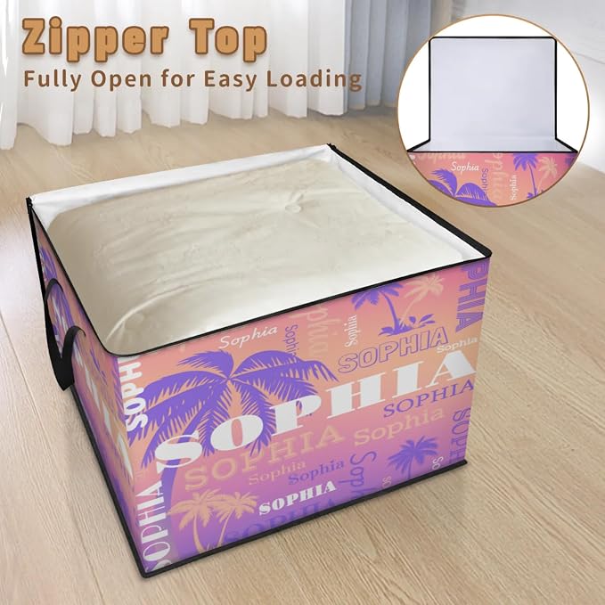 Custom Comforters Storage Basket with Lid, Personalized Name Large Organizer Bin for Pet/Children Toys, Books, Clothes, Perfect for Rooms/Playroom, Purple Palm Trees Gradient Pink Background