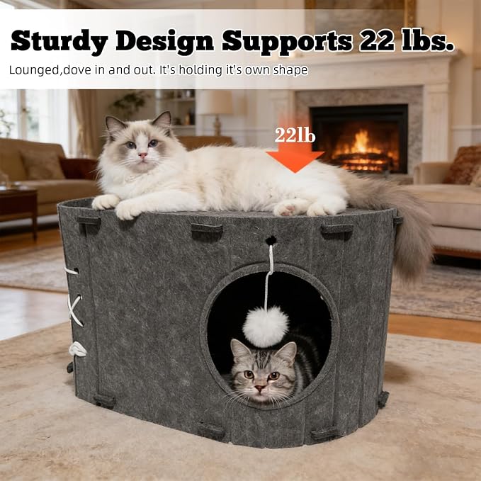 Cat House for Indoor Cats - Foldable Cat Bed Cave with Scratch-Resistant Felt Cats Tunnel Bed Condo & Hanging Fluffy Ball | Cozy Spacious Hideaway for Multi-Cats| Durable & Easy to Store Gray
