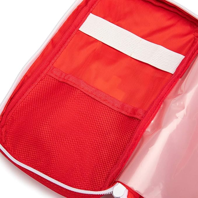 Red First Aid Bag Empty Travel Rescue Pouch First Responder Storage Medicine Emergency Bag for Car Home Office Kitchen Sport Outdoors (Red with Handle Green Print)