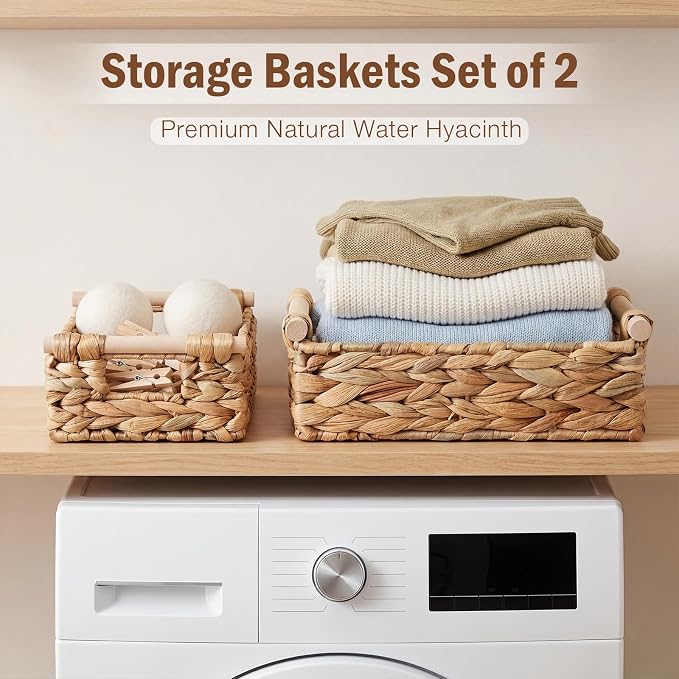 2 Pack Toilet Paper Storage Basket, Wicker Baskets for Bathroom, Water Hyacinth Baskets with Wooden Handles for over Toilet Storage Shelf, End Table, Shelves and More(Medium&small)