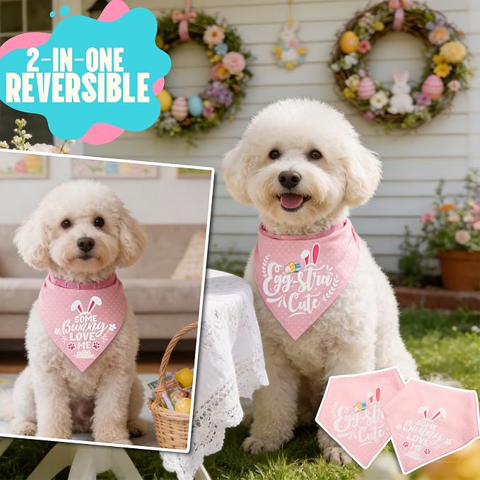 Easter 2-in-1 Dog Bandana with Egg-Stra Cute & Some Bunny Love Me Lovely Saying, Pink Pet Holiday Costumes Scarf with Snap Button, Medium to Large Breeds (30-75lbs)