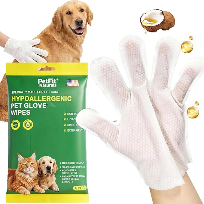 5-Finger Grooming Glove Wipes for Dogs & Cats, Extra Thick Waterless Bath & Deodorizing, Hypoallergenic Rinse-Free Cleaning for Senior, Post-Surgery & Travel - 6 Count (6pcs)