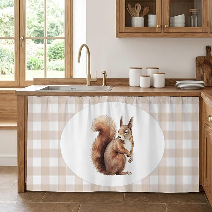 Squirrel Plaid Cabinet Curtains 28"x51" Sink Skirt for Bathroom Kitchen, Modern Farmhouse Checkered Rustic Animal Self Stick Adhesive Under Desk Covers Tall Laundry Cabinet Storage Organizer