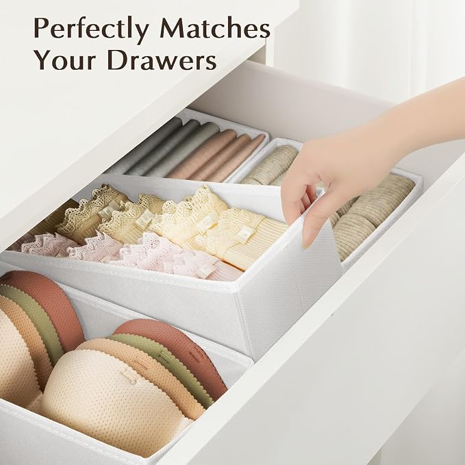 DIMJ Drawer Organizers Clothes, Set of 12 Dresser Organizer Bins, Fabric Closet Organizers and Storage, Shallow Drawer Dividers for Nursery, Clothing, Baby Clothes, Socks, Underwears, Tie (White) | for Baby Nursery Drawers To Sort Socks, Bibs, for Clos...