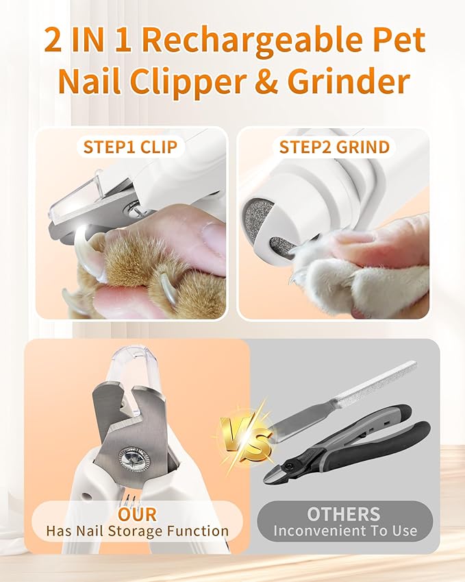 2-in-1 Dog & Cat Nail Clippers Grinder with Light – Quiet Electric Pet Nail Trimmer, USB Rechargeable, Safety Guard & Quick Sensor Prevent Overcutting, Grooming Tool for Small Medium Large Pets