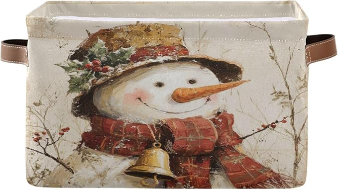 Christmas White Snowman Print Rectangular Storage Bin Basket with Handles - Nursery Storage Laundry Hamper Storage Baskets