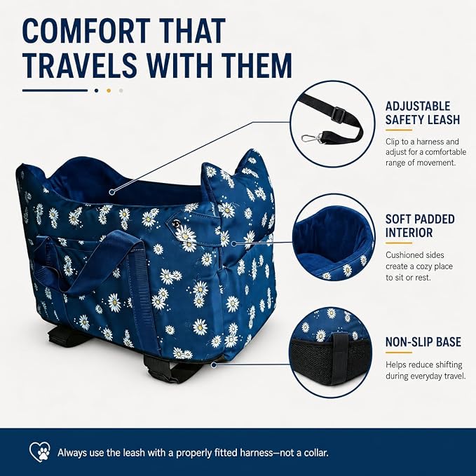 Center Console Dog Car Seat for Small Dogs 5–15 lbs | Fits Compact Cars | Chihuahua/Yorkie/Pomeranian Travel Seat