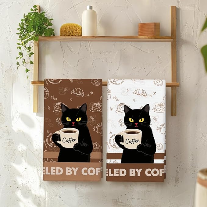 WwongxianB Black Cat Kitchen Towels Decorative Set of 2, Vintage Coffee Towel Hand Towels Highly Absorbent Dish Cloths 16x24 Inches, Bathroom Dining Room Decor, Cat Lovers Gifts -01