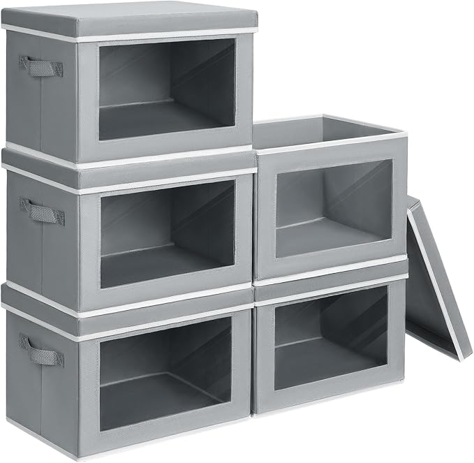 Stackable Storage Bins with Lids - Medium Storage Box with Lids, Foldable Closet Boxes for Organizing, Wardrobe Clothes Organizer with Window, Cubes Bins for Living Room, 5 Pack, Grey