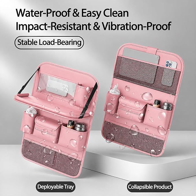 2 Pack Leather Car Backseat Organizer with Foldable Table Tray, Universal Car Seat Back Protector Kick Mat with Touchscreen Tablet Holder, Storage Pockets, Cup Holders & Tissue Holder, Pink