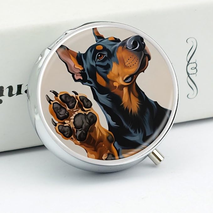 Doberman Paw Art Dog Metal Pill Organizer with Mirror, 3-Compartment Travel Pill Box, 2-Inch Round Pocket Medicine Case with Secure Latch, Portable Vitamin Holder for Women & Men