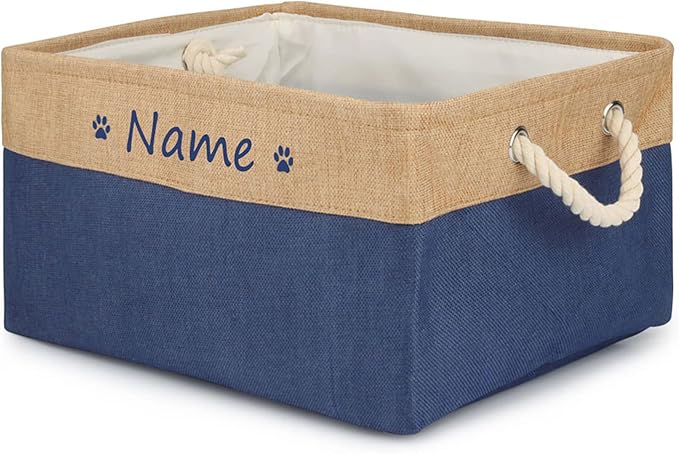 Personalized Pet Dog Toy Storage Foldable Bin Basket, Colorful Font Customized Pet's Name Box Organizer for Dog Toys、 Apparel & Accessories, with Weave Rope Handle(paw Blue-s)