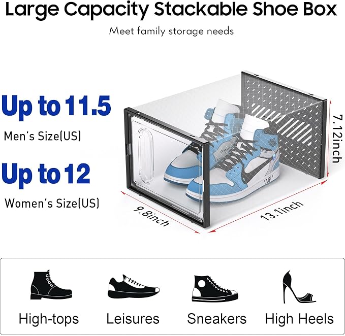 X-Large Shoe Boxes with Magnetic Door, 12-Pack Stackable Shoes Storage Organizer for Closet, Clear Plastic Sneaker Container Shoe Rack for Size 12, Black