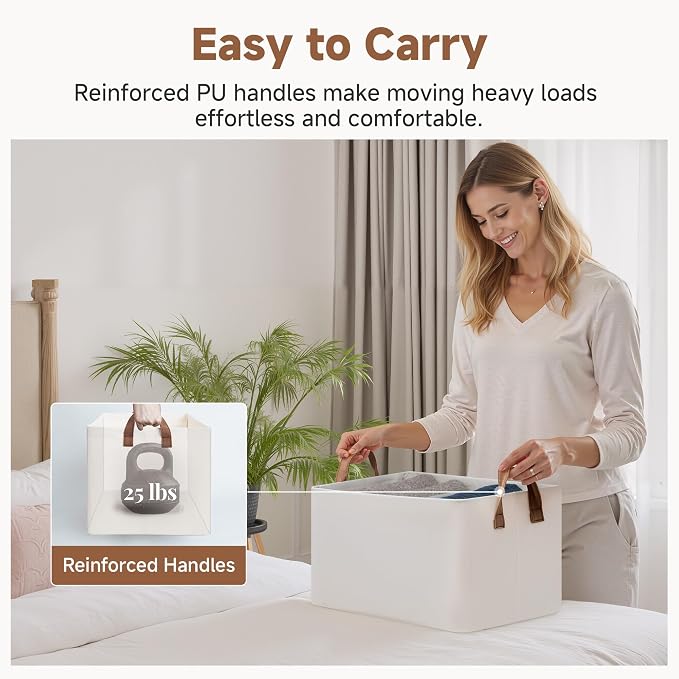 StorageWorks Fabric Storage Bins, Linen Closet Organizers, Natural, 2-Pack | With Reinforced PU Handles, Metal Frame, Collapsible, Storage Basket for Shelves, Closet, Holds Clothes, Towels, Blankets