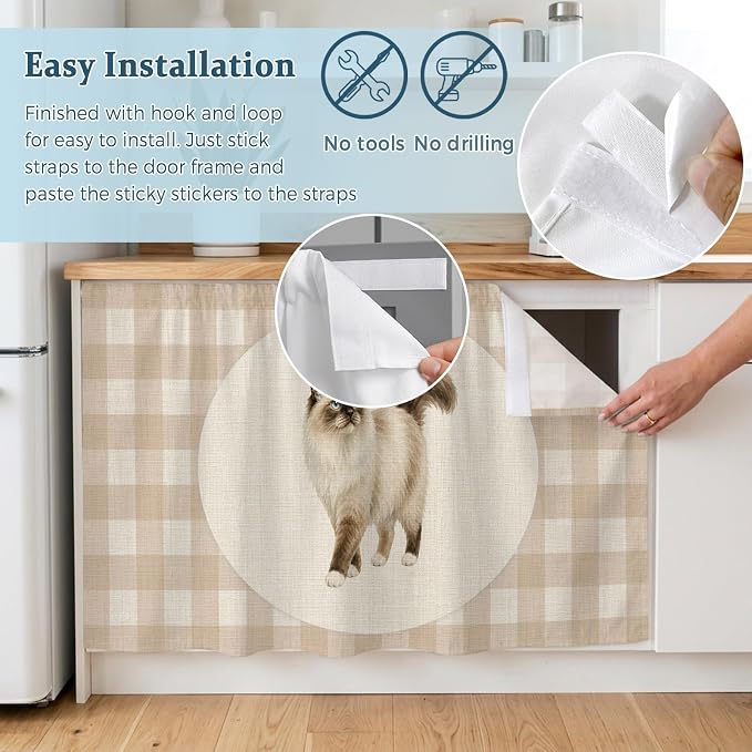 Ragdoll Cat Sink Skirt 11"Wx13"L,Dustproof Under Sink Curtain with Self Adhesive Tape,Vintage Linen Plaid Farmhouse Pet Cats Cabinet Curtain Cover for Bathroom Vanity,RV,Kitchen Cabinet Storage Shelf